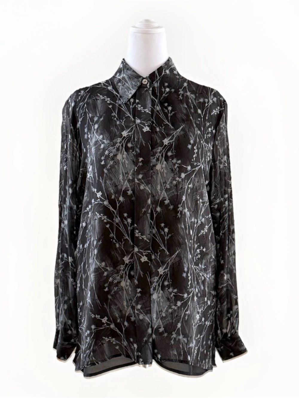 Liz‎ Claiborne Collection Black Floral Silk Blouse Lined Long Sleeve Top Size 12